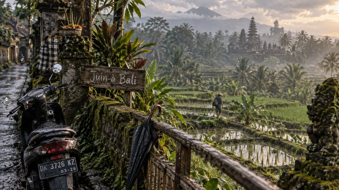 Bali periode juin à Ubud : rizières vertes après averse