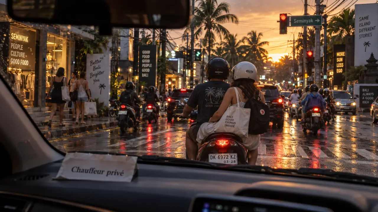 Bali transport : berline avec chauffeur près de Seminyak, circulation dense