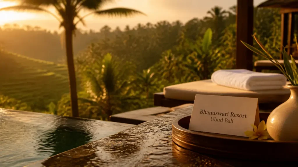 Bhanuswari hotel ubud bali, piscine et terrasse à Ubud au golden hour
