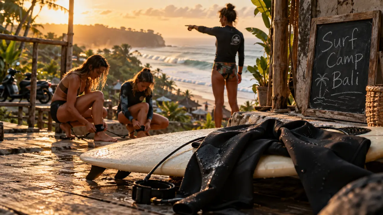 Camp surf bali : planche de surf et monitrice au lagon de Bali
