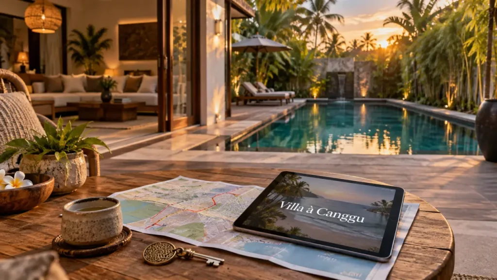 canggu bali villa rental : patio bois, piscine privée