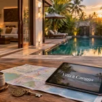 canggu bali villa rental : patio bois, piscine privée