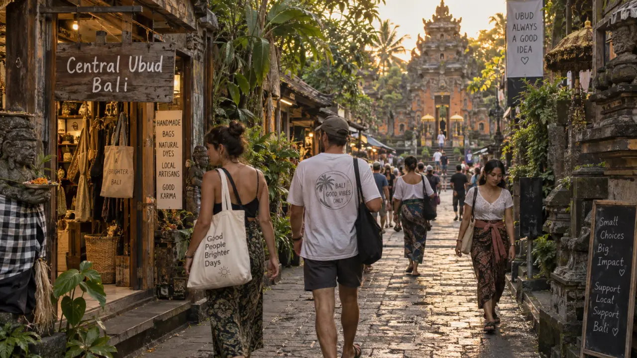 Central Ubud Bali : rue calme près des temples, palissades et passants à Ubud