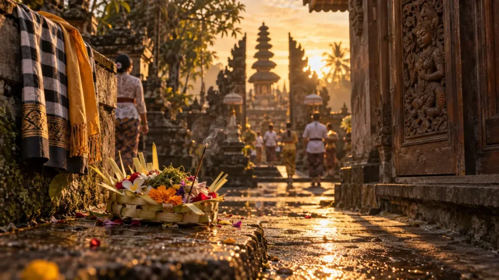 Offrande canang sari pour la culture balinaise hindouisme à Bali, au golden hour