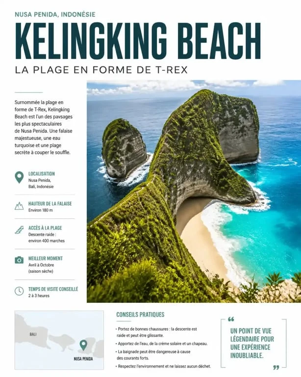 Vue panoramique de Kelingking Beach, Nusa Penida, pour une excursion à la journée depuis Bali