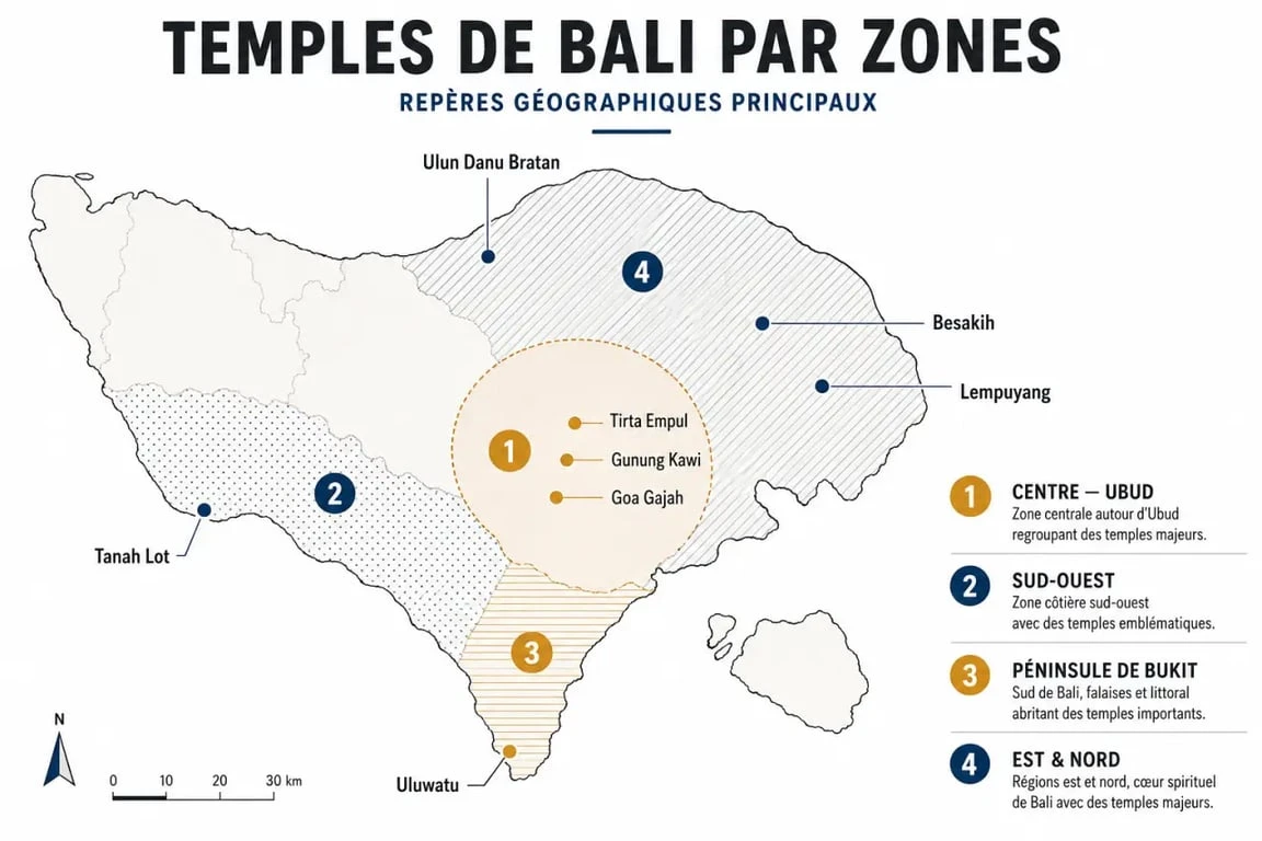 Temples bali carte des principales zones à visiter sur l’île de Bali