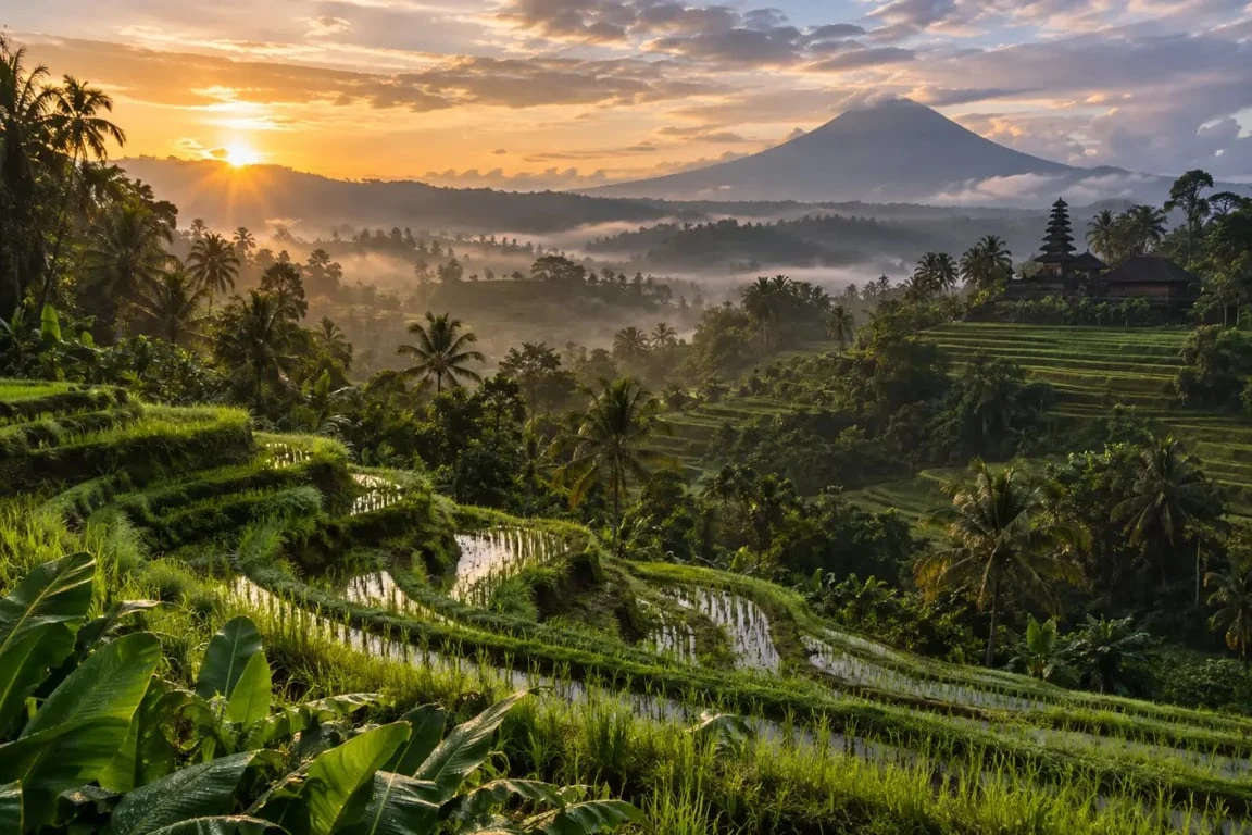Bali période idéale avec rizières, temple et paysage tropical après la pluie