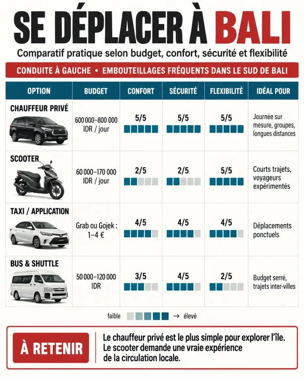 Infographie Bali transport : comparaison des moyens de transport, prix et niveaux de confort