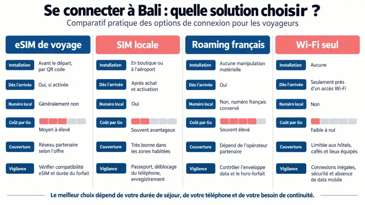 Infographie comparative des solutions eSIM Bali, SIM locale, roaming français et Wi-Fi