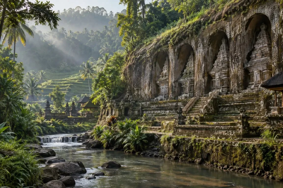 Bali temples a visiter : sanctuaires rupestres de Gunung Kawi dans une vallée verdoyante