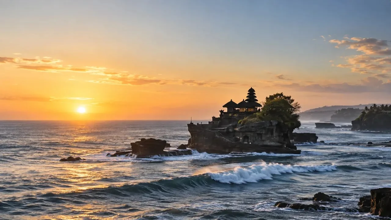Bali temples a visiter : Pura Tanah Lot au coucher du soleil sur la côte balinaise