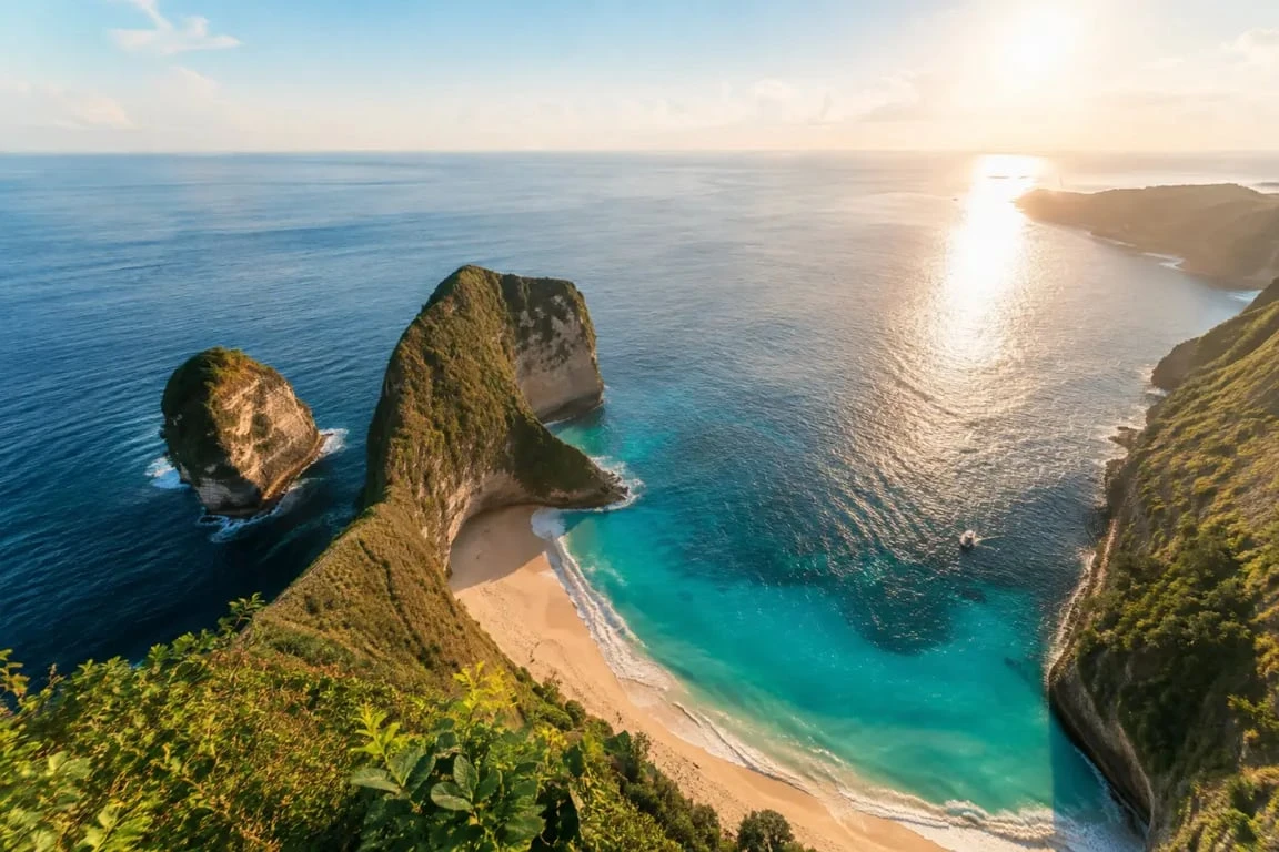 Excursion nusa penida depuis bali vers Kelingking Beach avec falaises spectaculaires et mer turquoise