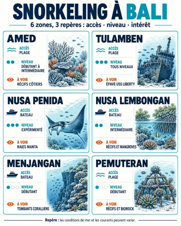 Infographie comparative des meilleurs spots de snorkeling Bali selon l’accès, le niveau et les espèces observables