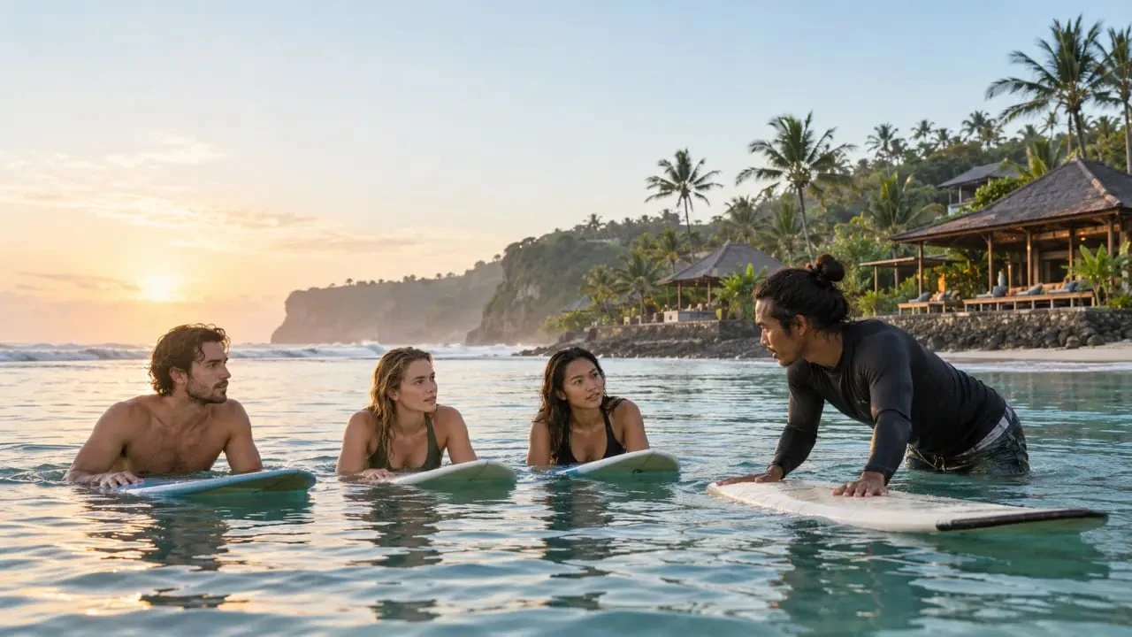 Surf camp Bali avec cours de surf dans un décor tropical