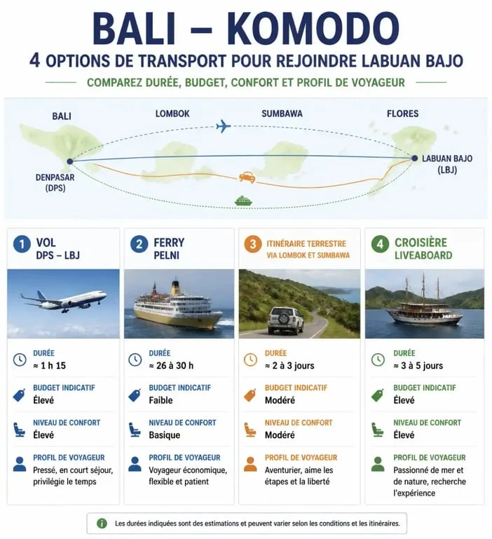 Infographie comparative du bali komodo transport entre Bali et Labuan Bajo