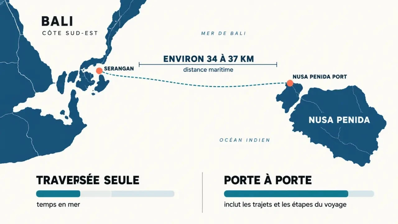 Infographie sur la distance entre Bali et Nusa Penida, les ports et la durée du trajet