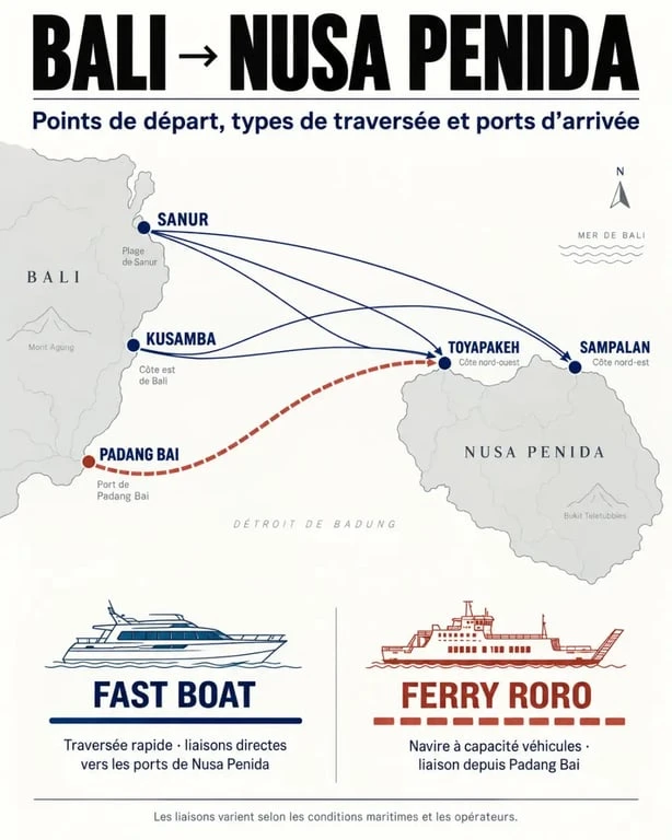 Infographie comparative du transport Bali Nusa Penida entre Sanur, Kusamba et Padang Bai