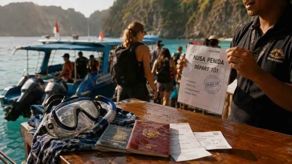 Excursion nusa penida depuis bali : départ tôt 6h30, préparation sur le quai avec billets et masque