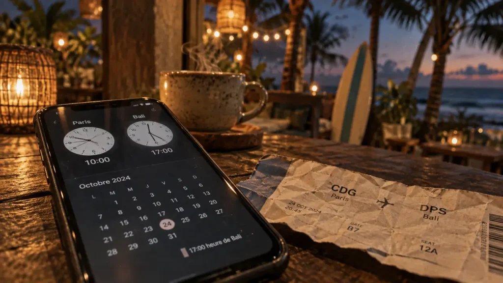 Heure canggu bali : 6 ou 7 heures d’avance, smartphone avec deux horloges