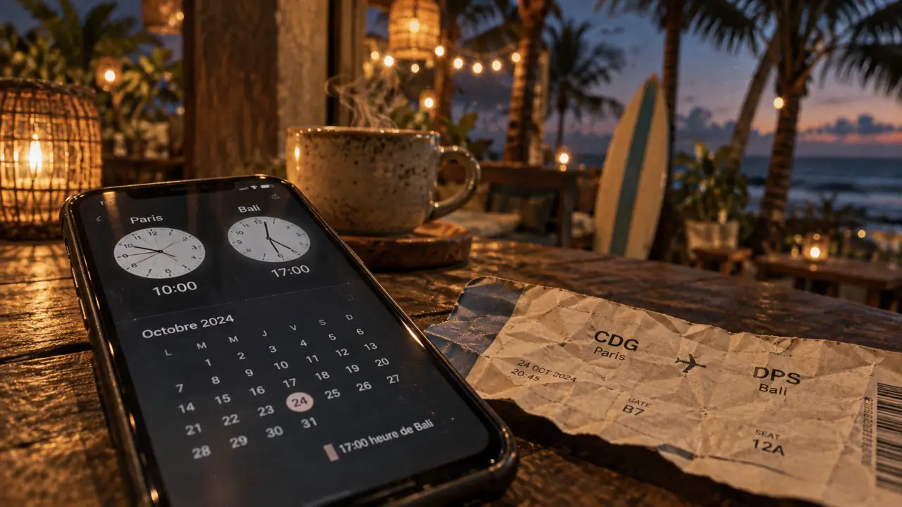 Heure canggu bali : 6 ou 7 heures d’avance, smartphone avec deux horloges