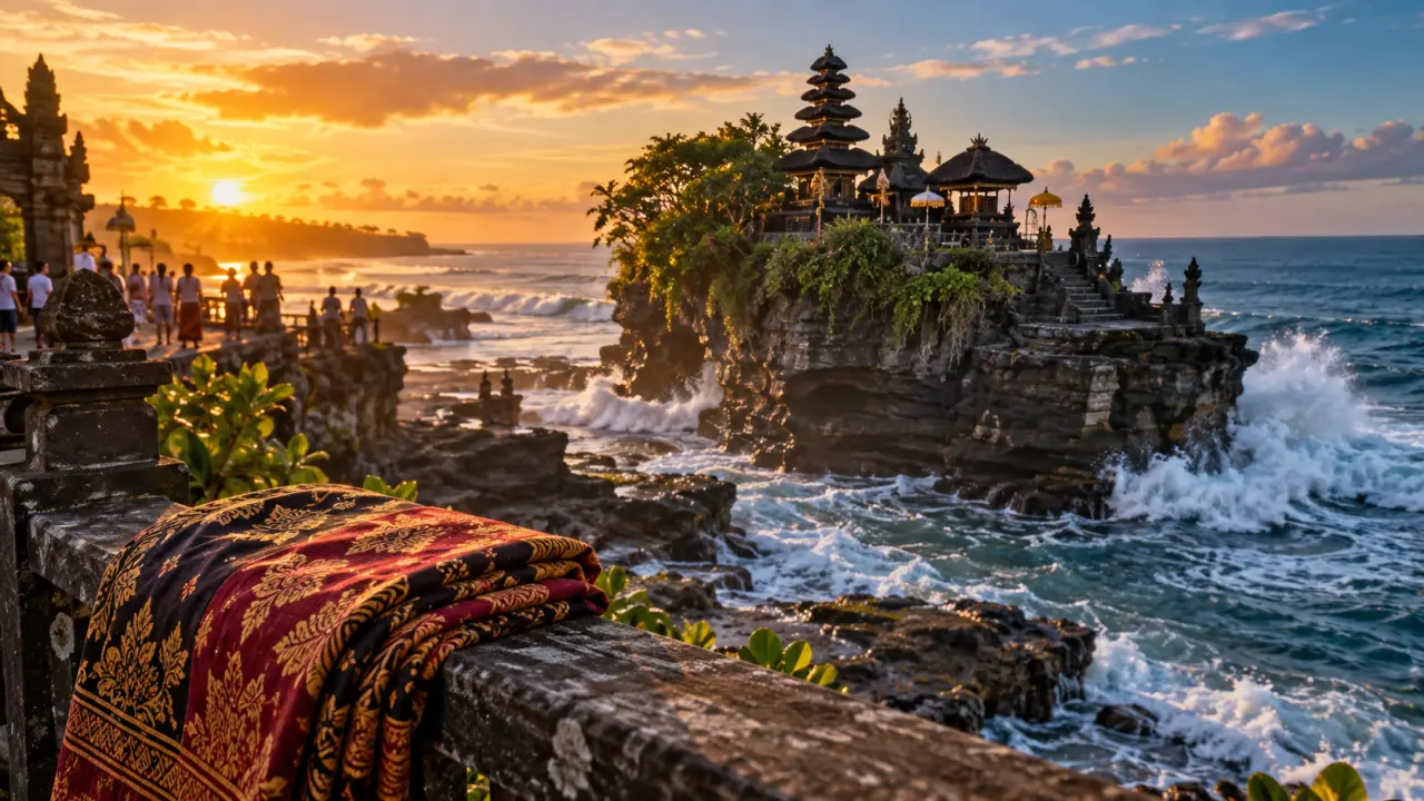 Hindu temples bali : temple de Tanah Lot sur un rocher au coucher du soleil