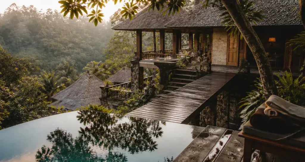 Hotel bali spirit ubud : piscine calme et végétation à Ubud