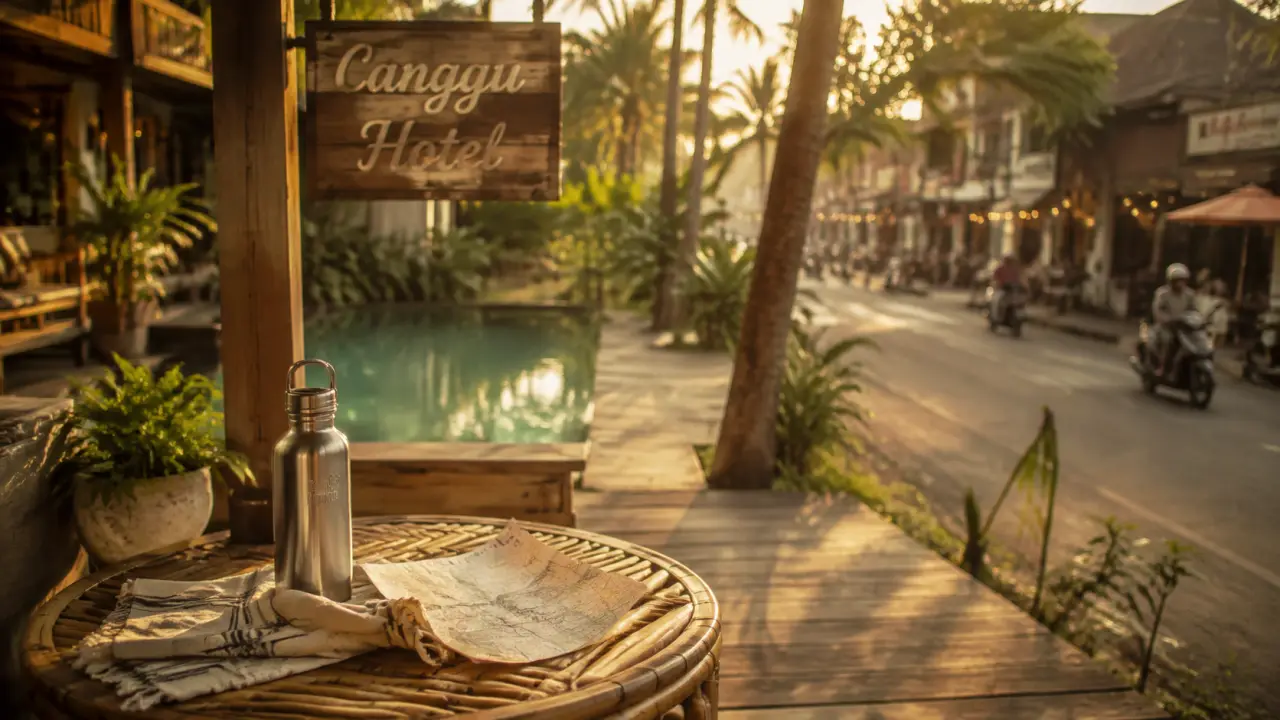 Hotel canggu bali avec allée tropicale et piscine, Batu Bolong au golden hour