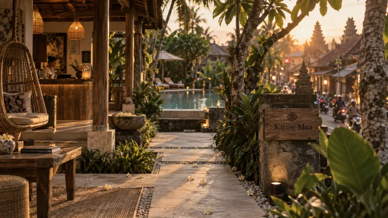 Kajane Mua at Ubud Bali, entrée hôtel, piscine et palmiers