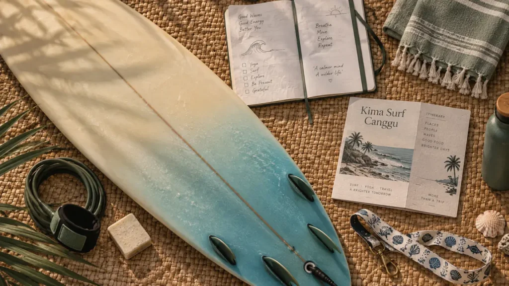 Kima surf Bali Canggu : planche de surf, wax et tapis de yoga
