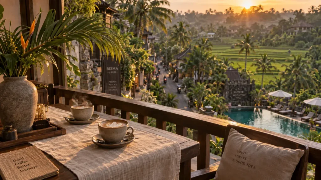 Komaneka at Bisma Ubud Bali Indonesia : vue golden hour depuis le balcon, piscine et rizières