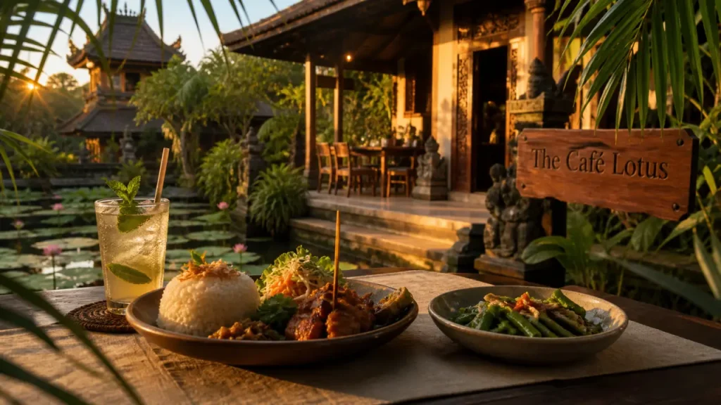 Lotus restaurant Ubud Bali au Café Lotus, vue sur bassin aux lotus et temple voisin