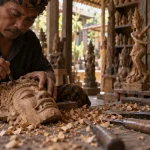 mas ubud bali, atelier de sculptures sur bois, artisan sculptant un masque