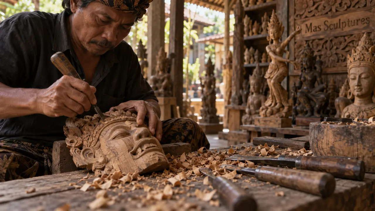mas ubud bali, atelier de sculptures sur bois, artisan sculptant un masque