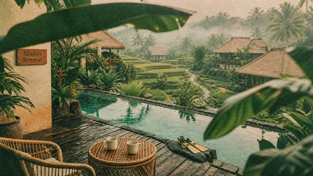 Mathis Retreat Ubud Bali : terrasse et piscine au milieu des rizières