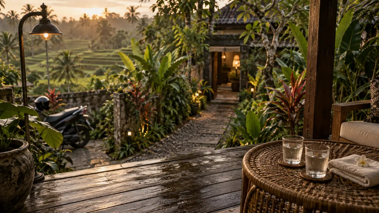 Nick's Pension Hotel Ubud Bali : terrasse en bois et entrée discrète