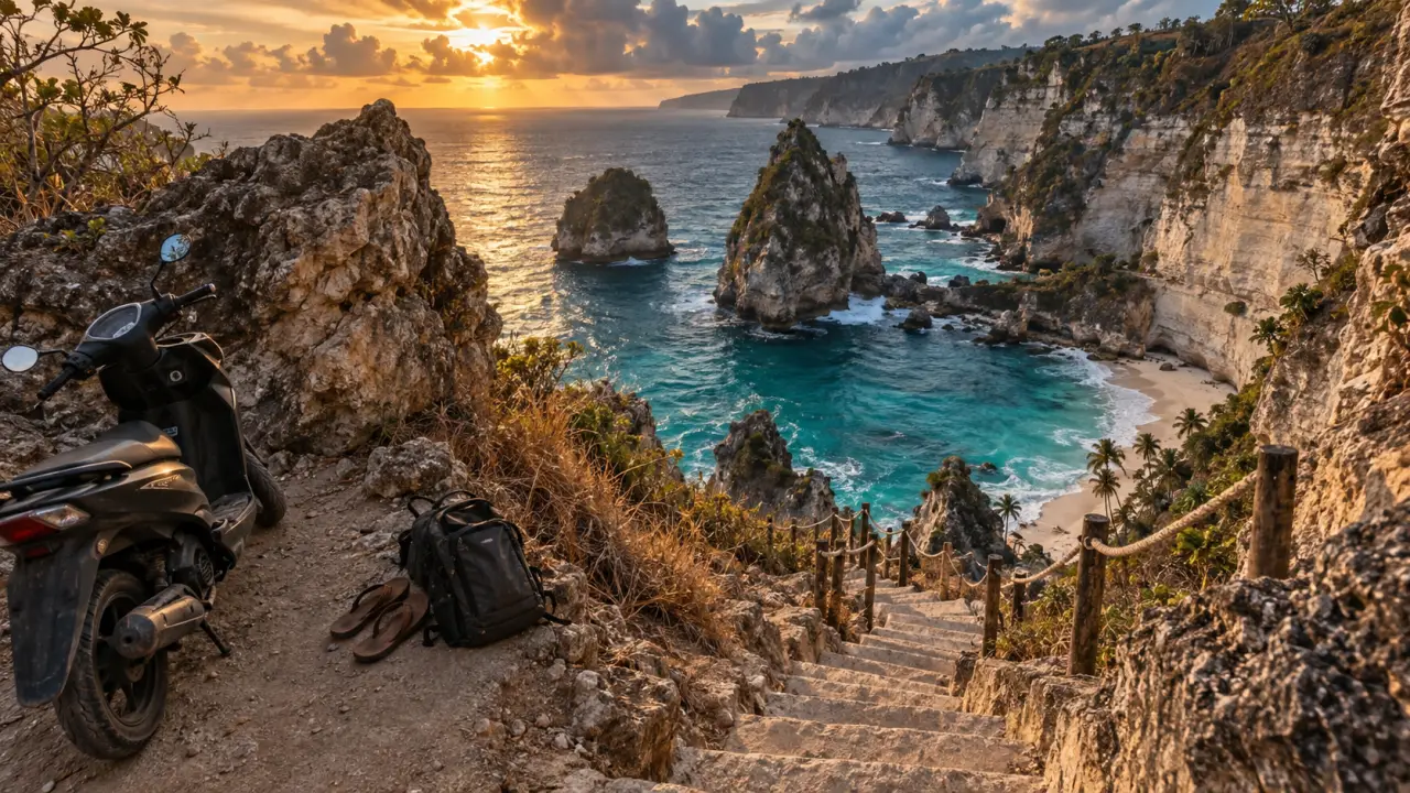 Nusa Penida, Diamond Beach et falaises calcaires, scooter près de l’escalier