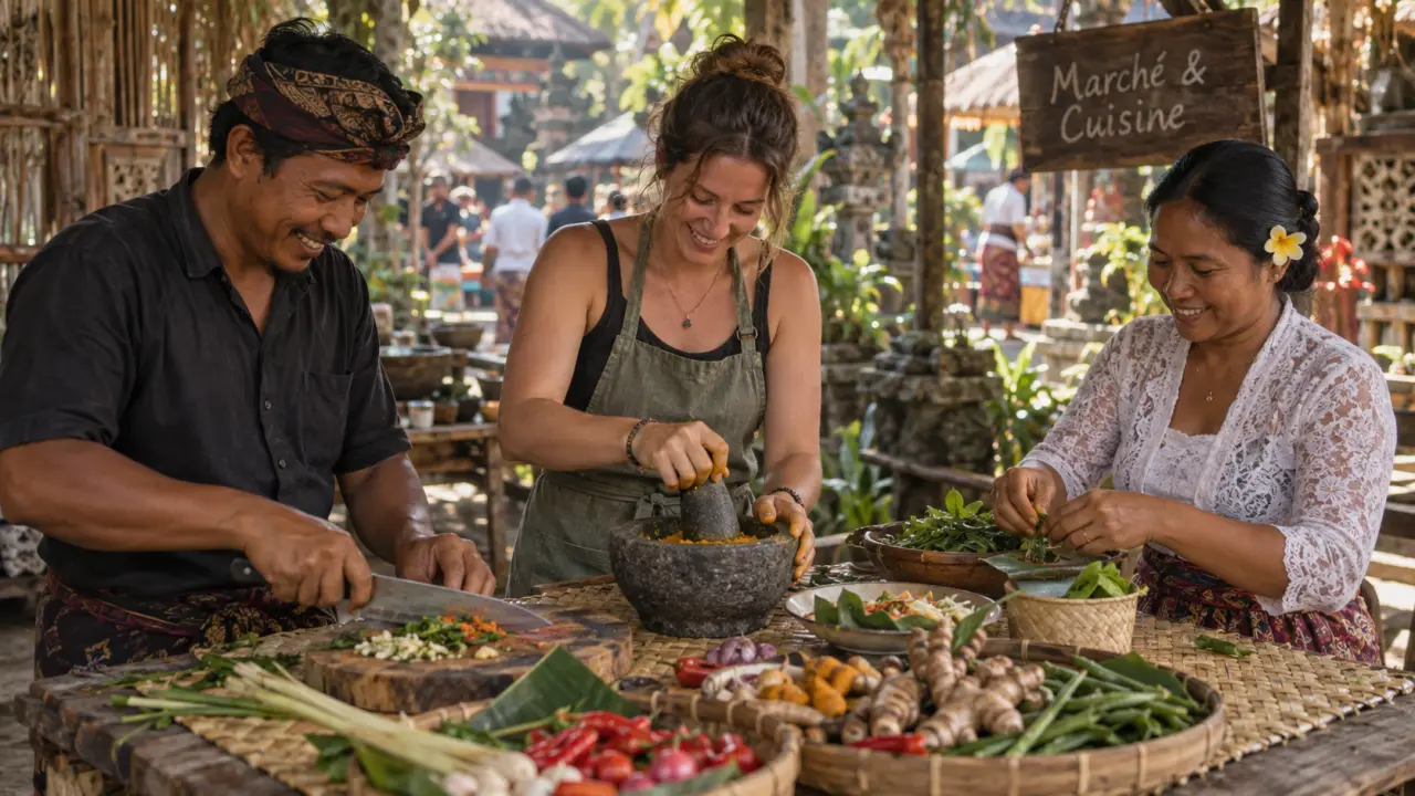 Paon bali cooking class ubud : marché et épices, préparation cuisine à Ubud