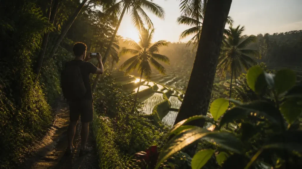 photo ubud bali : sentier vers rizières en terrasses au lever du jour