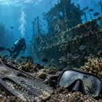Plongée Bali : plongeur sur l’épave de Tulamben, coraux et bulles.