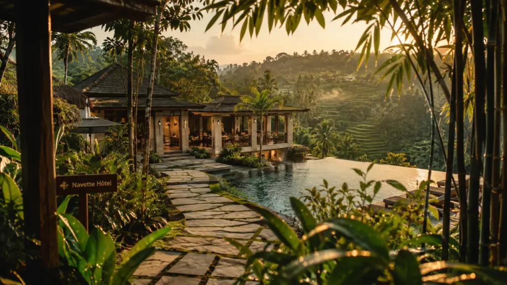 Resort ubud bali indonesia avec piscine à débordement et rizières