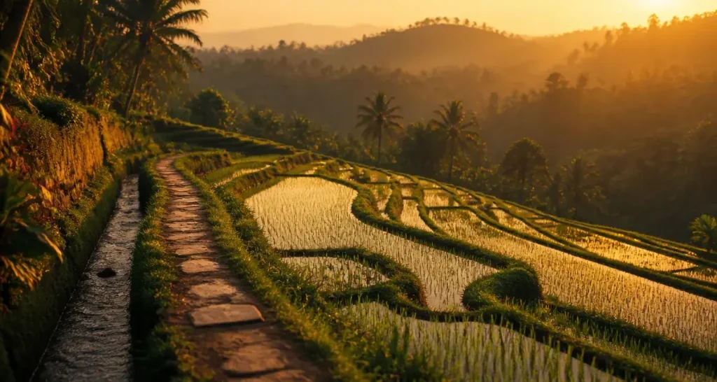 Rizières Bali : terrasses Tegalalang ou Jatiluwih à l’heure dorée