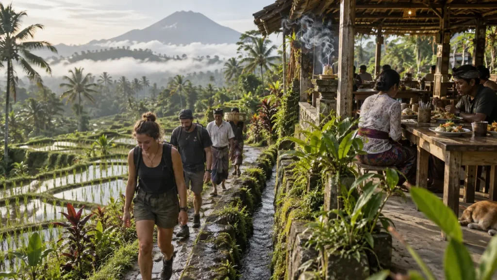Sidemen Bali : rizières en terrasse, mont Agung, brume matinale