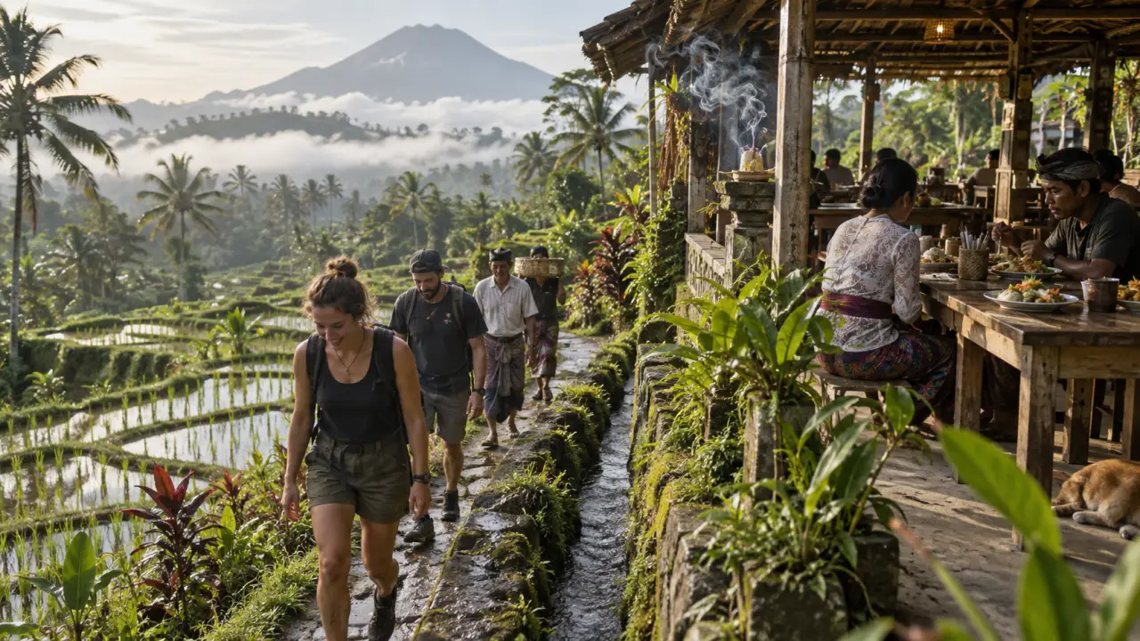 Sidemen Bali : rizières en terrasse, mont Agung, brume matinale