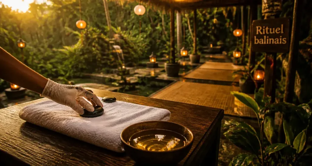 Spa a bali : pierres chaudes sur table de massage en jungle, Ubud