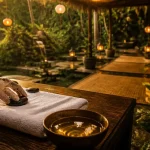 Spa a bali : pierres chaudes sur table de massage en jungle, Ubud