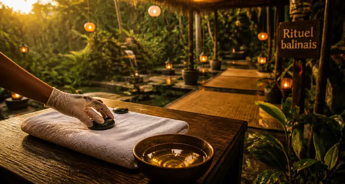 Spa a bali : pierres chaudes sur table de massage en jungle, Ubud