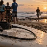 Surf bali : planche avec leash sur sable, fin d’après-midi