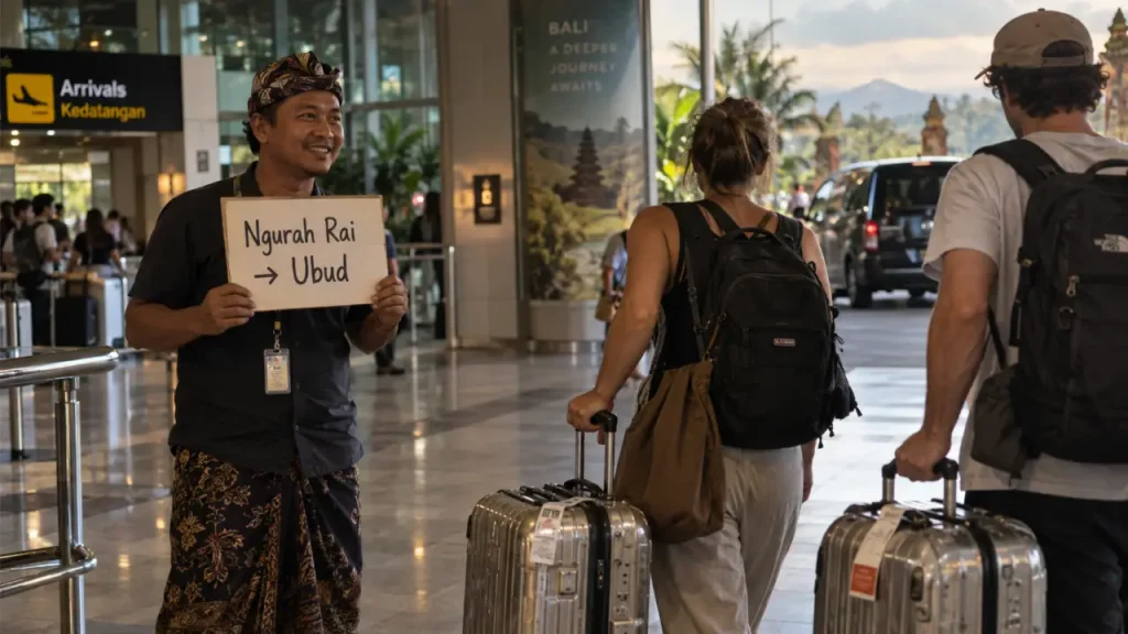 Chauffeur taxi aeroport bali ubud à la sortie des arrivées