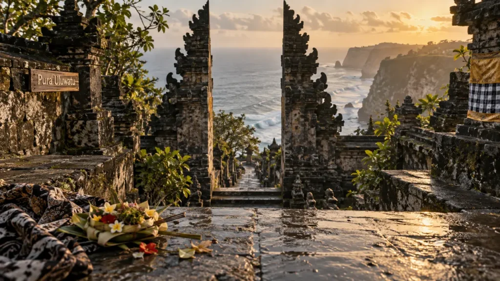 Temples incontournables Bali : Pura Uluwatu bord de mer, offrandes et sarong