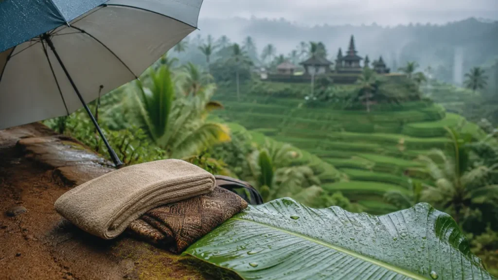 Ubud Bali weather : pluie tropicale sur rizières de Tegallalang